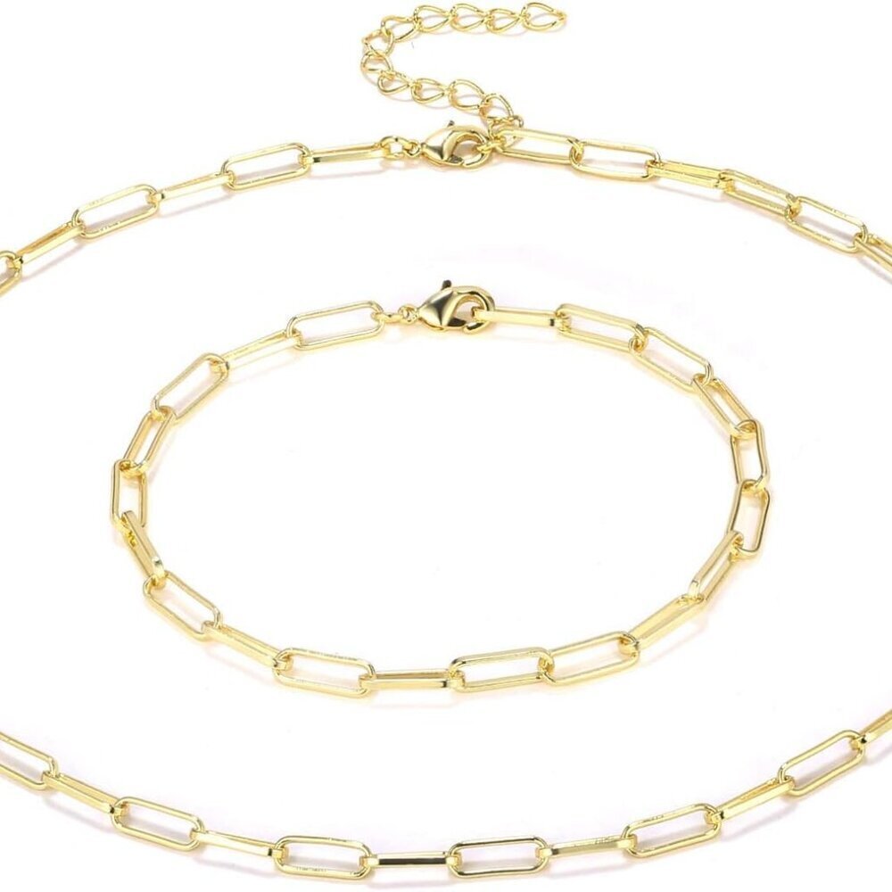 14K Gold Plated Paperclip Chain Necklace Bracelet Set for Women Dainty